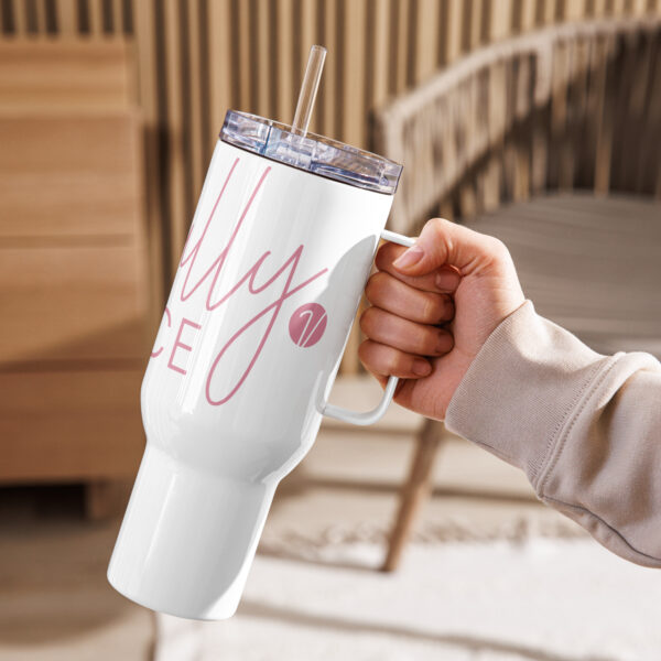 White Tumbler Mug with Handle - "Gracefully Fierce" in Pink