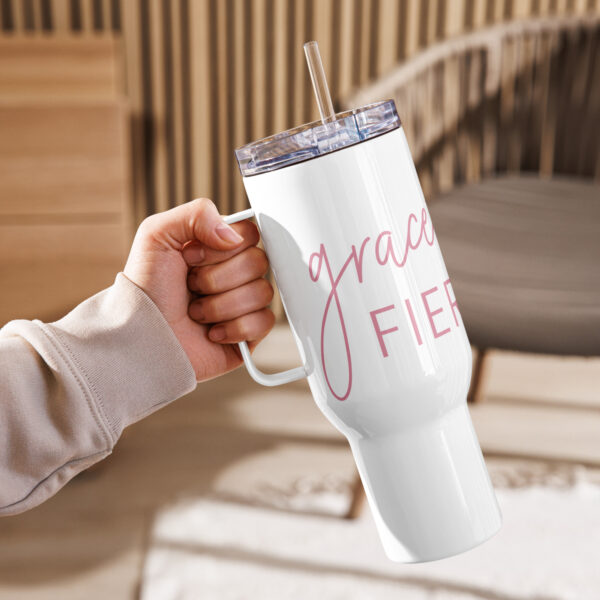 White Tumbler Mug with Handle - "Gracefully Fierce" in Pink - Image 4